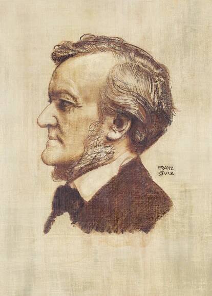 Zeichnung von Richard Wagner im Profil in Brauntönen (Öl und Kreide) von Franz von Stuck von 1902 mit der Unterschrift des Künstlers auf der rechten Seite. Das Porträt ist zu sehen in der Ausstellung Wahnfrieds Erbe – 50 Jahre Richard-Wagner-Stiftung Bayreuth vom 1. April bis 18. Juni 2023 im Richard Wagner Museum Bayreuth.