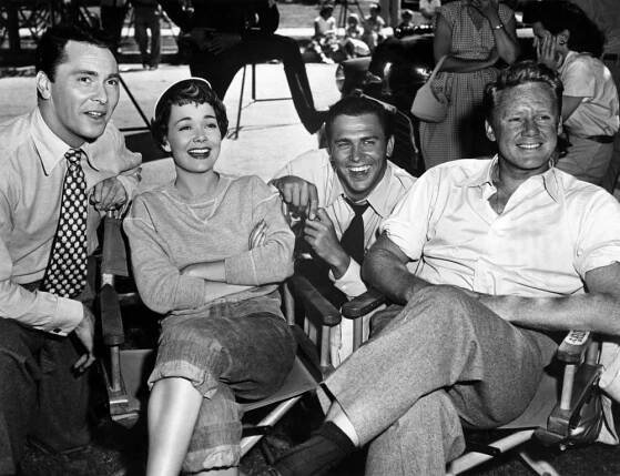 THREE GUYS NAMED MIKE, Barry Sullivan, Jane Wyman, Howard Keel, Van Johnson, on-set, 1951