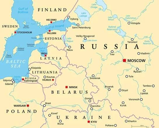 Pobaltí a Kaliningrad, politická mapa. Z Finska do Estonska, Lotyšska a Litvy, do Polska a z ruské exklávy Kaliningradská oblast, do Běloruska a do evropské části Ruska. — Ilustrace