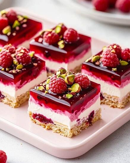 raspberry cheesecake squares with pistachio toppings on a pink plate