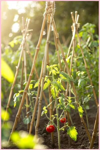 tomatoes are growing in the garden on sticks