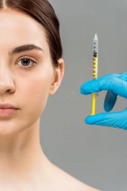 View of Plastic Surgeon Holding Syringe Near Naked Woman Isolated on Grey Stock Image - Image of nude, health: 191754665
