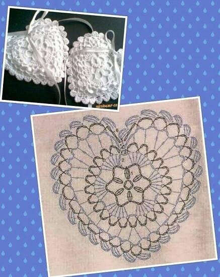 crocheted doily with hearts on blue background