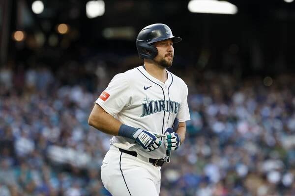 Cal Raleigh looks on during the Mariners-Pirates game on July 5, 2025.