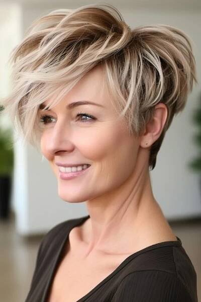 Woman with a short angled pixie cut with choppy layers adding volume and dynamic movement.