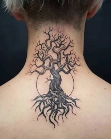 Tetování "Strom života": význam stromu Yggdrasil, příklady tetovacích náčrtů, tetování stromu v kruhu na paži a na zádech