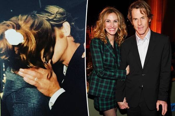 A split image of Julia Roberts and Danny Moder kissing and on a red carpet.