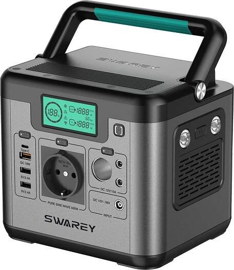 SWAREY S500 Power Station, Solární generátor 500W(1000W Peak) Přenosná napájecí stanice, 518Wh záložní baterie Power Bank pro domácí záložní nabíječky
