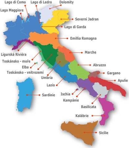 Dovolená Itálie - mapa oblastí v Itálii