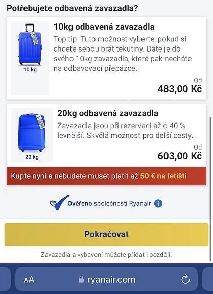 Ryanair odbavené 10 kg zavazadlo