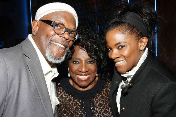 Samuel L. Jackson, LaTanya Richardson Jackson and daughter Zoe Jackson pose at the opening night after party for the new play "Purpose" on Broadway at The Edison Rooftop on March 17, 2025 in New York City. 