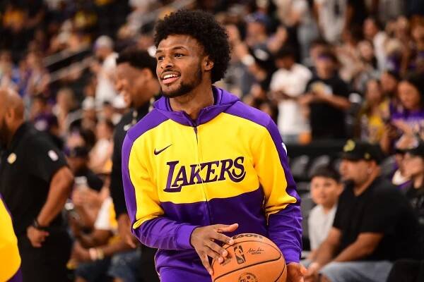 Bronny James #9 of the Los Angeles Lakers warms up against the Phoenix Suns on October 6, 2024 at Acrisure Arena in Palm Springs, California.