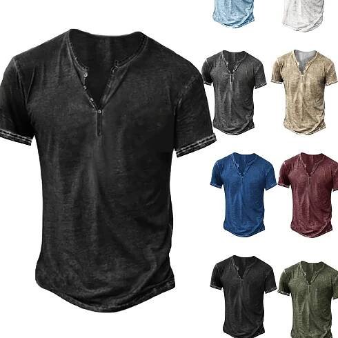 Mens Distressed Henley Shirts Short Sleeve Button T-Shirt * Fit Cotton Casual Shirt