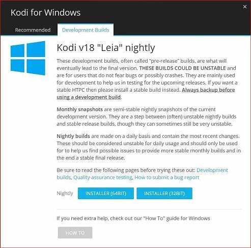 3. Select the Development Builds tab at the top of the box, then select Installer (64BIT)