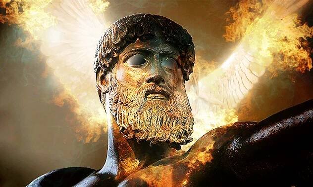 La mort de Zeus par SKIES stef kervor 2021, d'après : photo par dynamosquito --  Bronze statue of Either Zeus or Poseidon at the National Archaeologic Museum of Athens. -- CC BY 2.0 --  https://www.flickr.com/photos/dynamosquito/5866244470