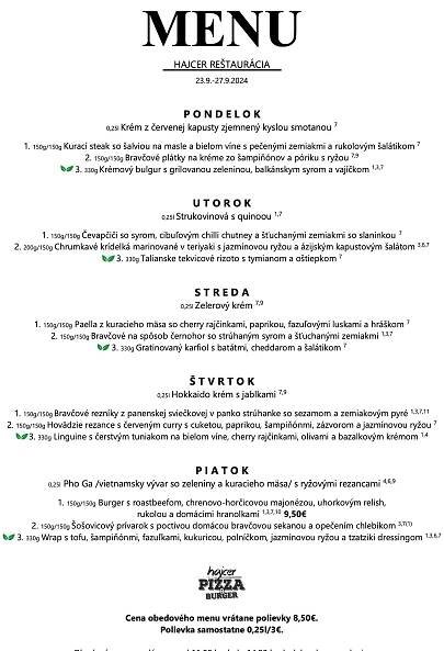 Denné menu Hajcer - Rezervácie: 038 749 94 88