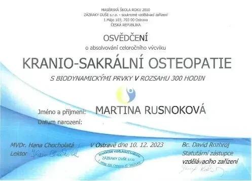 Osvědčení pro Martinu Rusnokovou - Kraniosakrální osteopatie