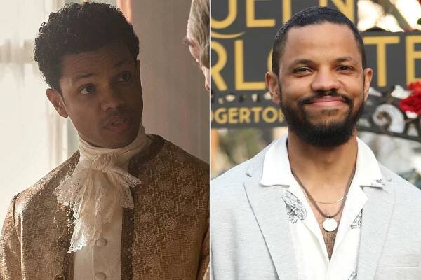 Queen Charlotte: A Bridgerton Story. (L to R) Tunji Kasim as Adolphus, Neil Edmond as Earl Harcourt in episode 101 of Queen Charlotte: A Bridgerton Story. Cr. Liam Daniel/Netflix © 2023; LONDON, ENGLAND - APRIL 21: Tunji Kasim attends the Special Fan Screening and Garden Party for "Queen Charlotte: A Bridgerton Story" at Odeon Luxe Leicester Square on April 21, 2023 in London, England. (Photo by Lia Toby/Getty Images)