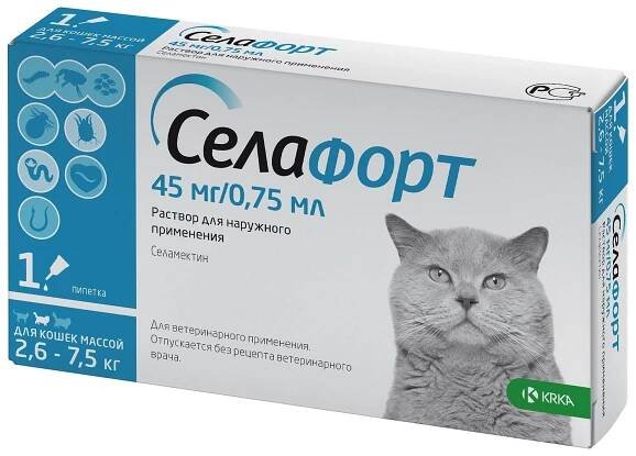 Selafort kapky proti blechám, klíšťatům a kohoutku 45 mg / 0.75 ml, pro kočky o hmotnosti 2,6 - 7,5 kg