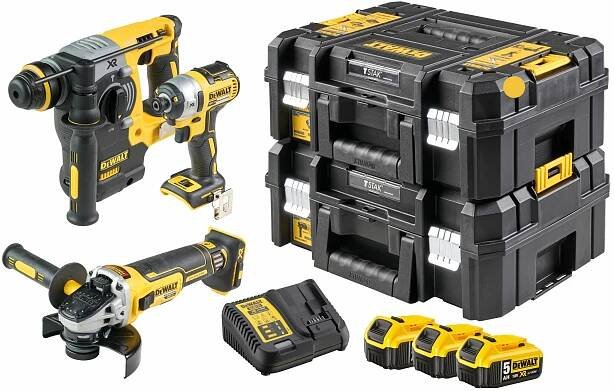 SET aku kladiva, brusky a rázového utahováku DeWALT DCK305P3T-QW 18 V XR, 3x 5.0 Ah
