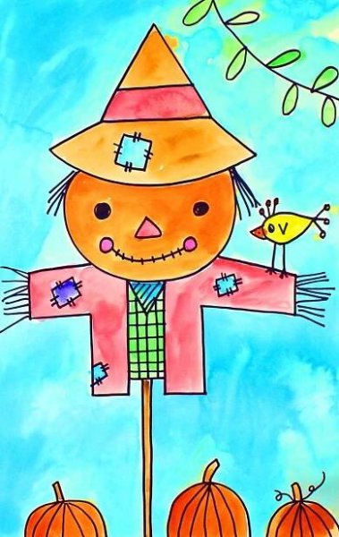 Video Art Project for Kids: Draw and Paint a Fall Scarecrow and Pumpkins! | Art drawings for kids, Kids art projects, Easy drawings