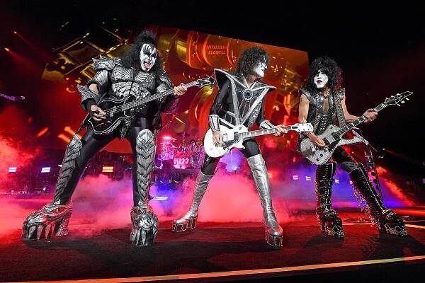 Gene Simmons, Tommy Thayer, and Paul Stanley of KISS perform onstage during the Tribeca Festival screening of "Biography: KISStory" at Battery Park on June 11, 2021 in New York City
