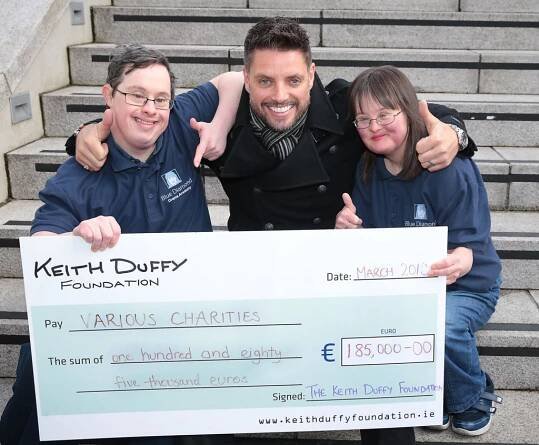 Keith Duffy pictured at The Mansion House Dublin where he presented charities with  donations  from the Keith Duffy Foundation.

Keith Duffy is pictured here with  Daniel Ryan and Lisa Cox from The Blue Diamond Drama Academy.
The Keith Duffy Foundation was established in December 2015 to provide support and financial assistance to various childrens charities throughout Ireland. To date, the Foundation has donated 185,000 to Irish charities, including Clionas Foundation, Fighting Blindness, As I Am, The Blue Diamond Drama Academy, St. Francis Hospice, The Hub Drogheda and Finns First Steps. Its main annual fundraisers are the Keith Duffy Christmas Ball and Keith Duffy Charity Golf Day.

Pictures  Brian McEvoy
No Repro fee
