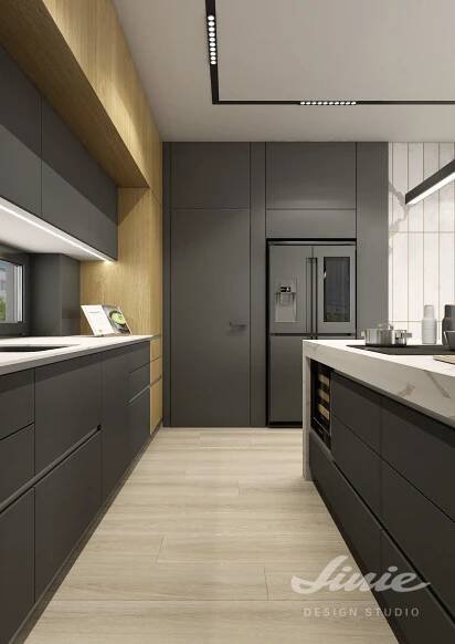 a modern kitchen with grey cabinets and white counter tops