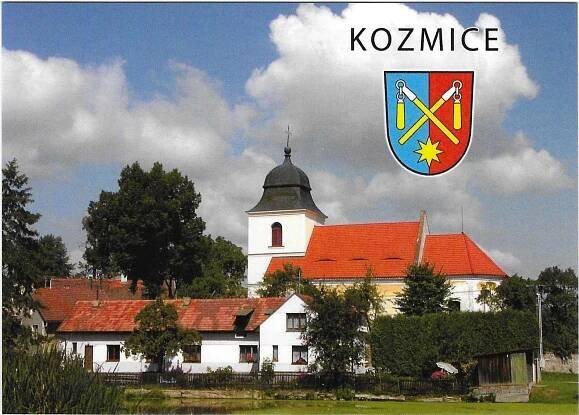 Kozmice (okr. Benešov) - celkový pohled, erb  - Pohlednice místopis