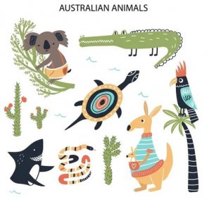 Sada dohromady kreslených australských živočichů. Roztomilá děcka z kreslené sbírky. Vektorová ilustrace — Ilustrace
