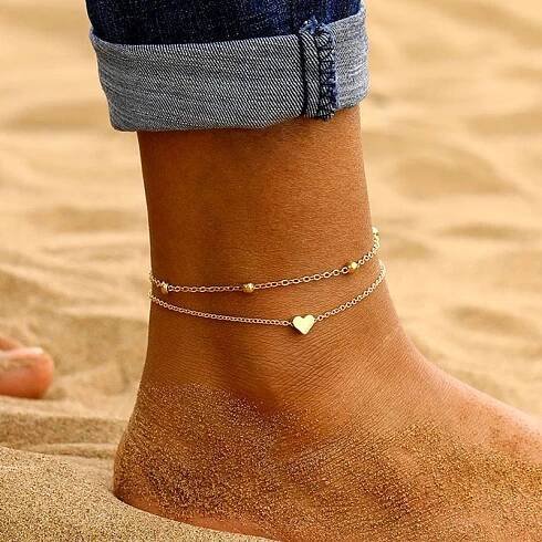 Summer Beach Zlatý kulatý řetízek na nohy Jednoduchý temperament Kotník ve tvaru srdce Vícevrstvý tenký řetízek Žena