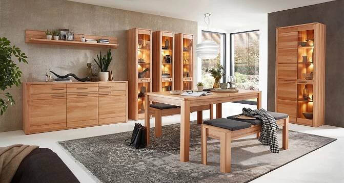 Nábytek do obývacího pokoje a jídelny NATURA_ sestava "dining room 2"_ foto s dekoracemi_ včetně LED osvětlení_ obr. 1