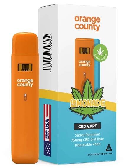 Orange County CBD Disposable Vape Pen 750mg - Lemonade white background orange device outside box