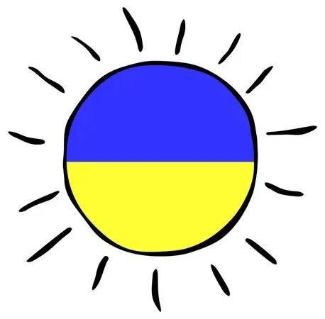 Ikona slunce v barvách ukrajinské vlajky. Vektorové ručně kreslené ilustrace, kliparty, symbol míru, pacifismus, štěstí izolované na bílém pozadí — Ilustrace