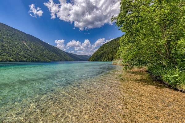 Průzračná voda jezera Weissensee má kvalitu pitné vody.