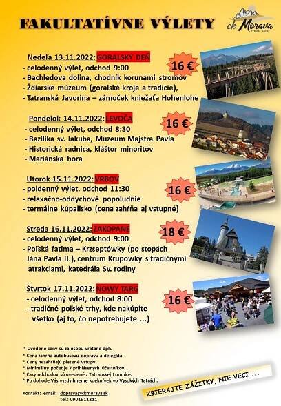 Fakultatívny výlet – VRBOV - Región Vysoké Tatry