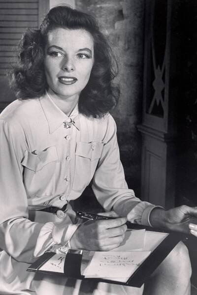 Portrait of actress Katharine Hepburn on the set of her Broadway play "The Philadelphia Story."