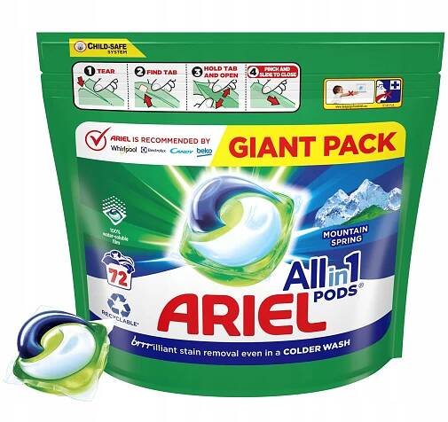 Ariel Kapsle Na Praní All-in-1 PODS Mountain Spring Na Bílé 72 ks