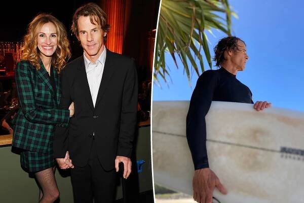 Julia Roberts and Daniel Moder on a red carpet and a photo of Moder with a surf board.