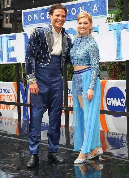 Justin Guarini and Briga Heelan are seen during a performance from the 'Once Upon a One More Time' Broadway musical on 'Good Morning America' in Times Square on July 18, 2023 i