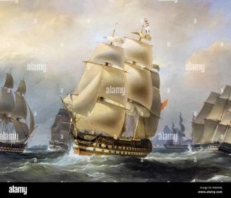 'East Indiamen in the China Seas' by William John Higgins and Edward Duncan, oil on canvas, c.1820. The painting shows sailing ships of the East India Company, used for shipping tea. This is a detail from a larger painting, HXKK4M. Stock Photo