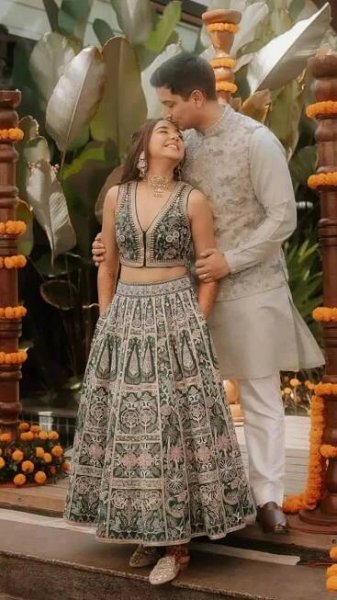 Prajakta Koli and Vrishank Khundal’s glamorous pre-wedding ensembles by Anita Dongre