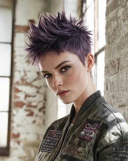 Spiky purple pixie cut with undercut sides and bold grunge texture