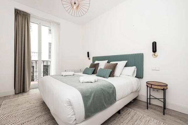 Double,Bed,With,Headboard,Upholstered,In,Green,Fabric,With,Matching