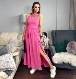 Fuchsiově růžové dlouhé šaty s rozparkem FEDERICA | Dory-Fashion.cz