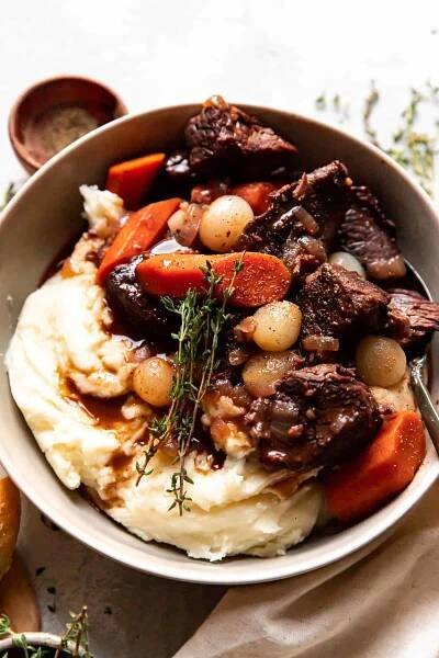 beef bourguignon in a bowl.