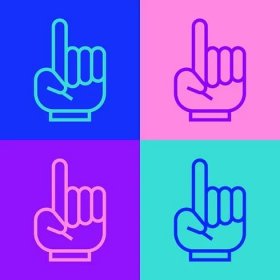 Pop art linka číslo 1 jedna vějíř ruka rukavice s prstem zvedl ikonu izolované na barevném pozadí. Symbol týmové podpory v soutěžích. Vektorová ilustrace. — Ilustrace