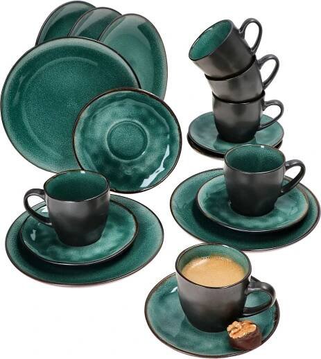 18dílný kávový servis Reactive Glaze Green kameninový talíř na dort mátově zelený šálek