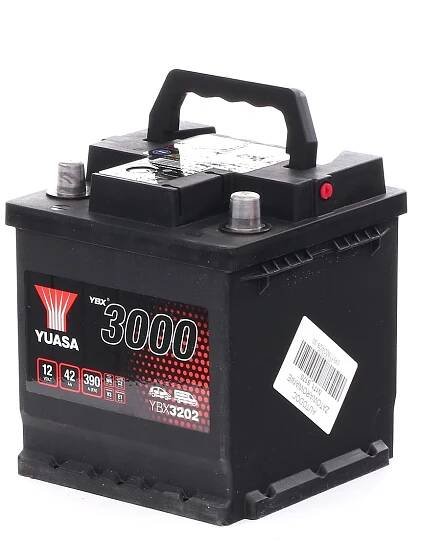 YUASA YBX3202 YBX3000 Autobaterie 12V 42Ah 390A s úchyty, s ukazatelem stavu nabití, Olověná kyselinová baterie
