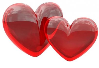 Dvě srdce od sytě červené sklo izolovaných na bílém pozadí — Stock obrázek
